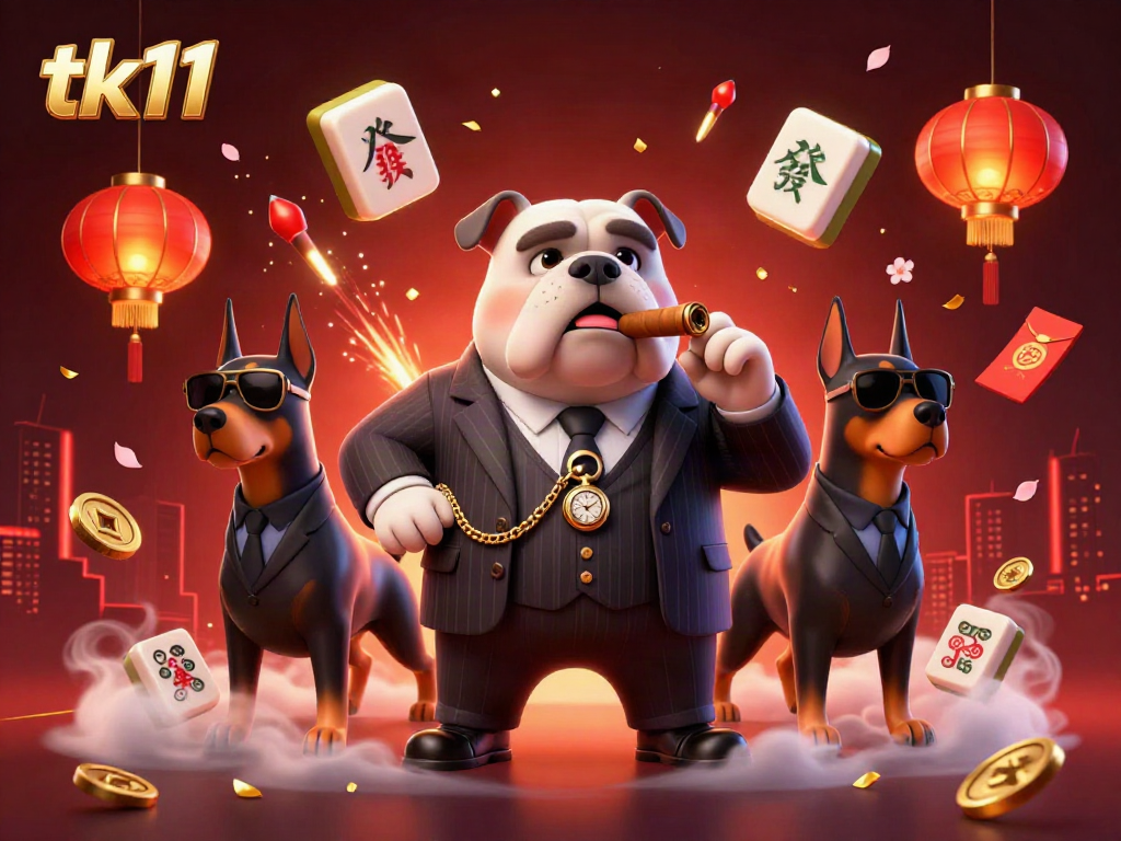 Engage with tk11's vibrant casino scene featuring a mafia bulldog and Dobermans among floating mahjong tiles and gold elements.