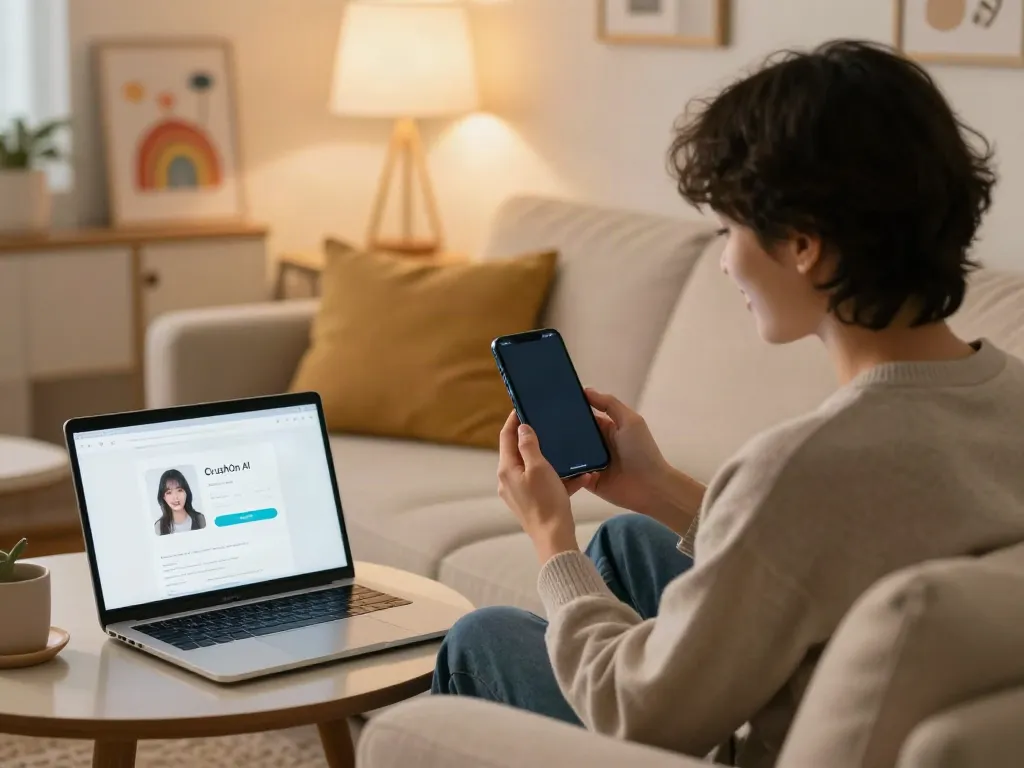Cozy scene of a person engaging in ai sex chat on smartphone, demonstrating modern intimacy with AI.